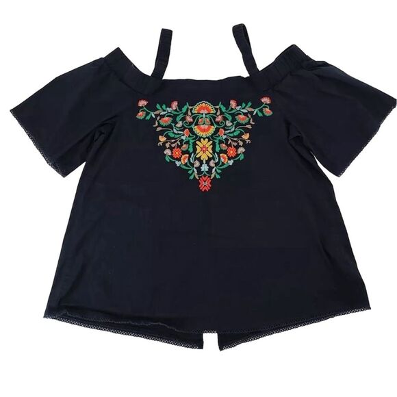 Democracy Off Shoulder Blue Floral Embroidered Blouse Boho Hippie Size XL - Picture 1 of 7